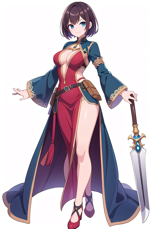 (stand posture), cute eyes, adult woman,, solo, high fantasy outfits, ((white background)), (full body), holding weapon,