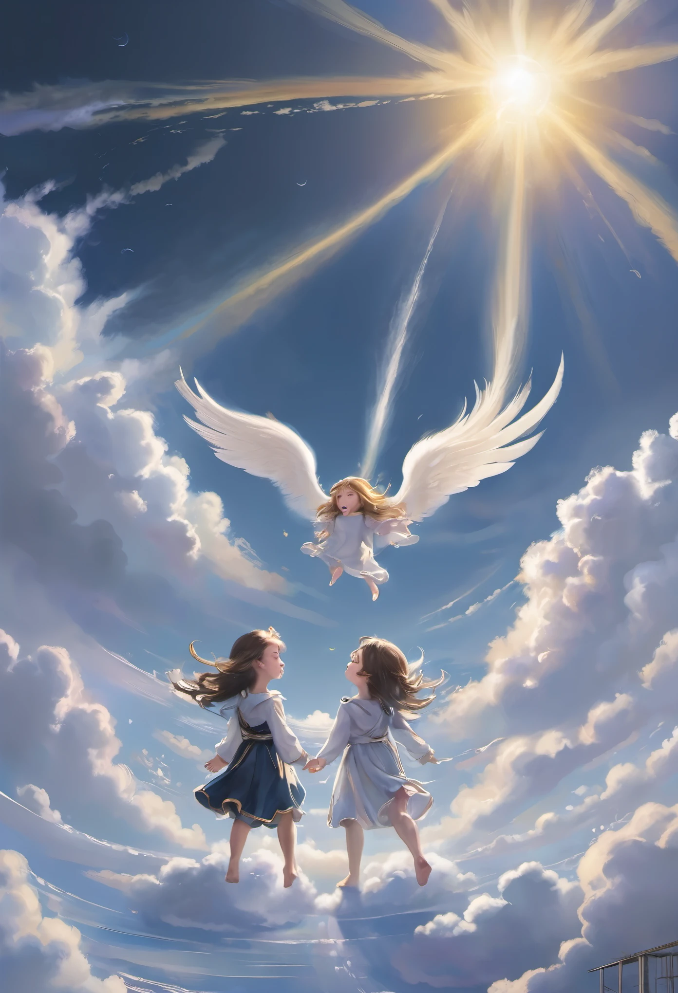 Scenario a solar eclipse, com nuvens em volta, and in the middle of the scene two angels falling among the clouds.