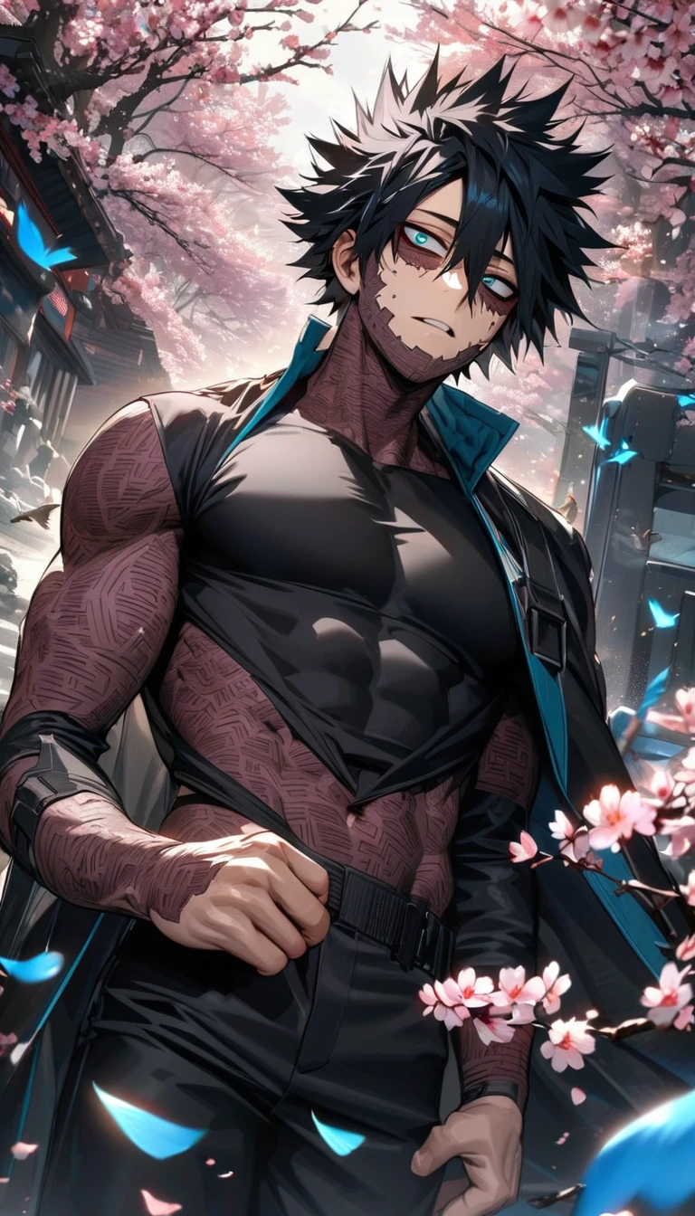 absurdres, highres, ultra detailed, HDR, masterpiece, extremely detailed face and eyes, Dabi, black hair spiked around his head, hair between the eyes, expressive turquoise eyes, boku no hero academia, solo, sexy man, handsome, black coat, black tight shirt, black pants, spring, blossoms, petals, birds