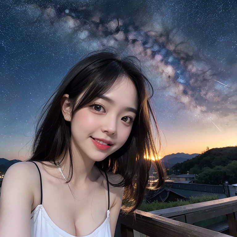 
highest quality, High resolution, (Realistic:1.2), 1 beautiful Japanese girl, Happy smile, High definition eyes, (Large eyes with thick, well-defined double eyelids:1.4), Droopy eyes, Dimples, Black Hair, Long hair blowing in the wind, Slender body, Small breasts, Cleavage, Thighs, White sleeveless dress, Moonless night sky, (Starry Sky, midnight:1.4), Milky Way, Outdoor, plateau, I can see the mountains in the distance, View angle from below, Cinematic lighting, 