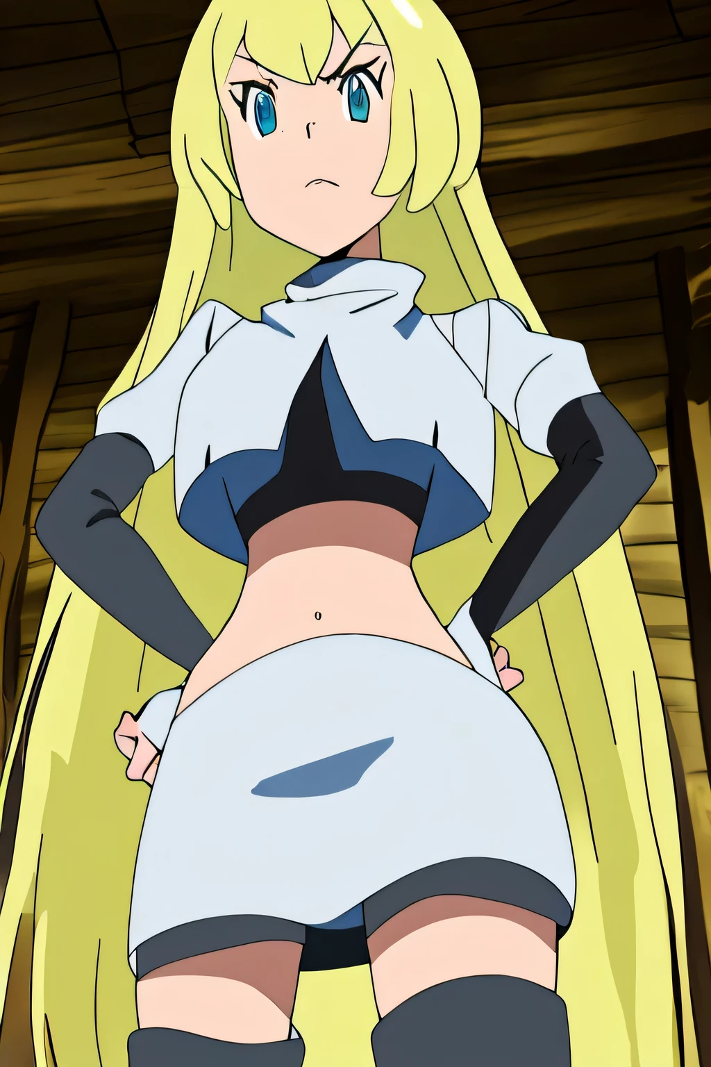 masterpiece,best quality,highres,high quality,colette brunel, very large breasts,8k, masterpiece,highres,team rocket uniform, red letter r, white skirt,white crop top,black thigh-high boots, black elbow gloves, glaring angrily, looking down at viewer, hands on hips, cowboy shot, zettai ryouiki,from below, black panties,anime style, vivid colors, sharp focus, intense lighting,