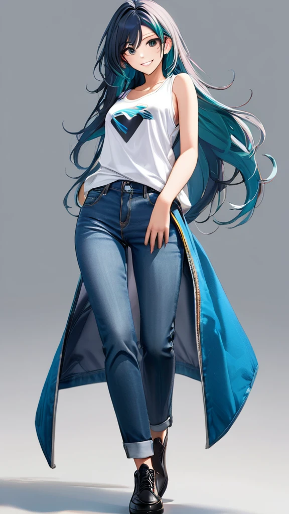 (full body:1.4), (masterpiece:1.3)),(best quality:1.3),(ultra detailed:1.4),(extremely detailed),(absolutely resolution:1.3) ,absurdres,8k, 1girl, grin, ultra detailed eyes, long hair, multicolored hair, tanktops, jeans, 