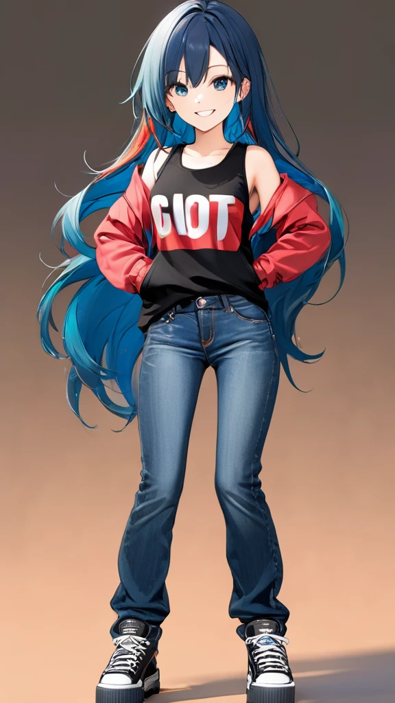 (full body:1.4), (masterpiece:1.3)),(best quality:1.3),(ultra detailed:1.4),(extremely detailed),(absolutely resolution:1.3) ,absurdres,8k, 1girl, grin, ultra detailed eyes, long hair, multicolored hair, tanktops, jeans, 