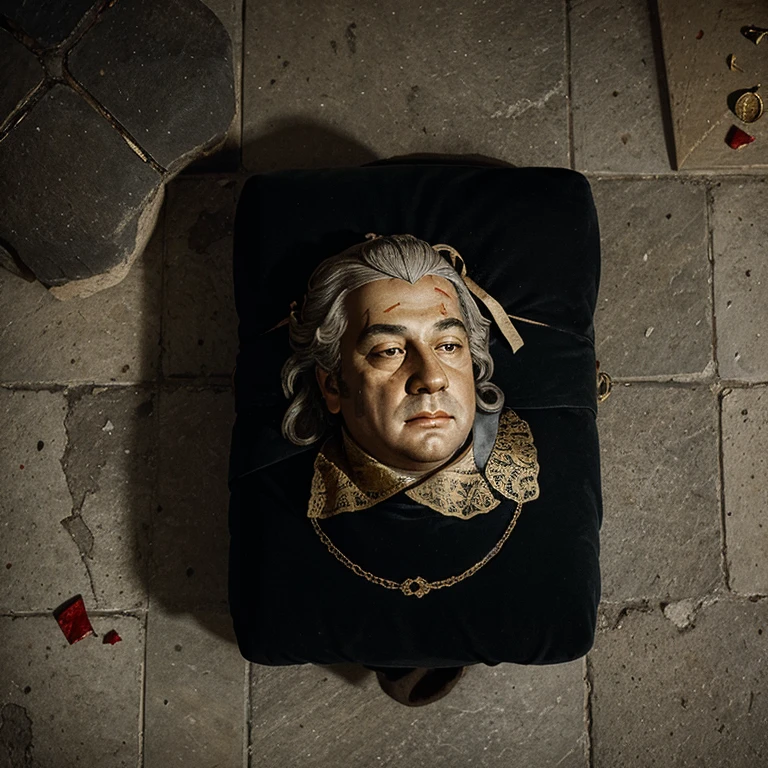 Illustration of the head of Louis XVI of France, old and ugly french king, lying on the stone floor with blood after being guillotined 