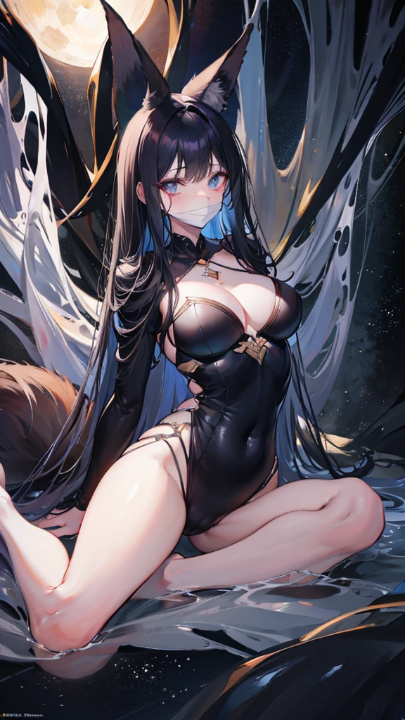 Fox ears，From the ceiling, Dim Lights, Dark atmosphere, Oil painting style, Vibrant colors, Passionate. (best quality, high resolution, Ultra Detailed, actual:1.2), net, trapped, Exquisite facial features, Black long hair，fear in her eyes. half body visible,(gag:1.4),