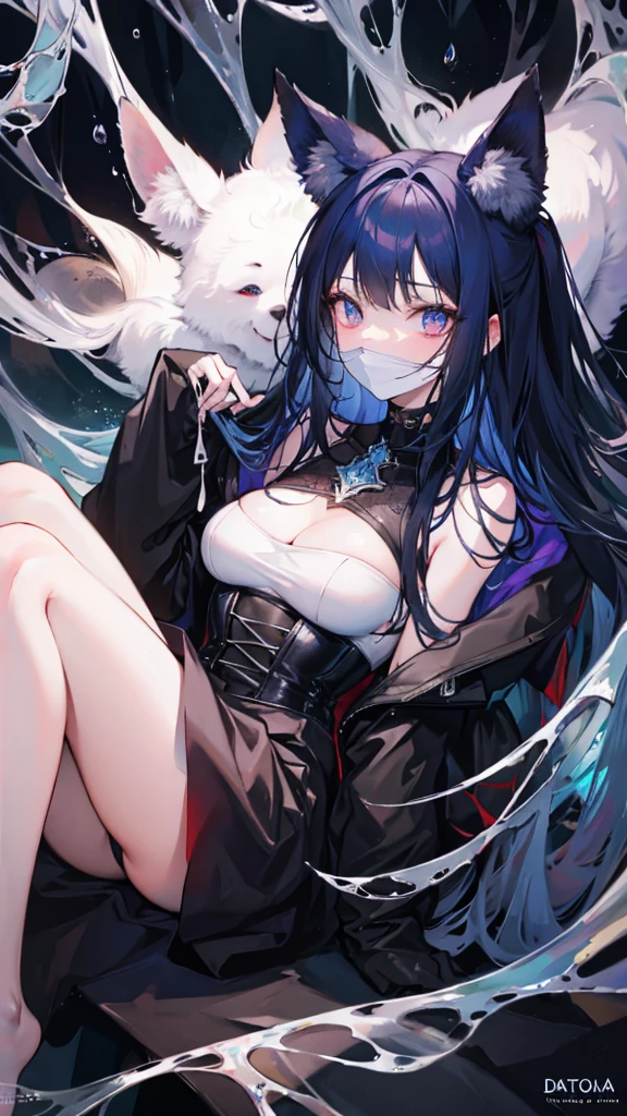 Fox ears，From the ceiling, Dim Lights, Dark atmosphere, Oil painting style, Vibrant colors, Passionate. (best quality, high resolution, Ultra Detailed, actual:1.2), net, trapped, Exquisite facial features, Black long hair，fear in her eyes. half body visible,(gag:1.4),