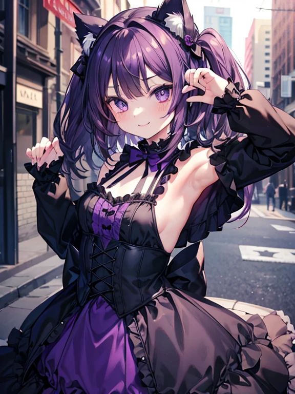 Gothic ta face and body facing the camera {{{{{Show your armpits}}}}} Dark purple straight hair10Young girl On the street Narrow eyes Open your mouth goth clothes Small Tits Cat ear heart mark smile solo Sexy pose