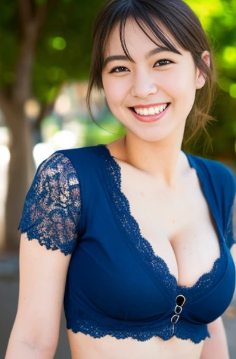 (masterpiece, 8k, Raw photo, Photorealistic, Best image quality:1.5), Japanese, Woman in her 20s, (Casual clothing:1.2), Cleavage, Smile, Random pose, Random Background, Photographed in natural light, Natural lip, Attention to detail, The correct state of the human body, A little bit of lace underwear is visible:0.7