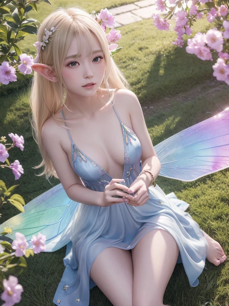 A shining blonde fairy sitting on a flower, (Elf), a field of flowers々Surrounded by, A beautiful girl with a pair of beautiful, transparent and shiny wings on her back.、翼からShine鱗が飛ぶ, Fairy Dress, Wavelength dispersion, colored glaze, Multicolor prism effect, Rainbow Core, iris, Highly detailed background,Realistic,Ultra-detailed,Highly detailed skin,Shine,Film Grain,According to II,Lens flare,sharp,Shadows in the movie