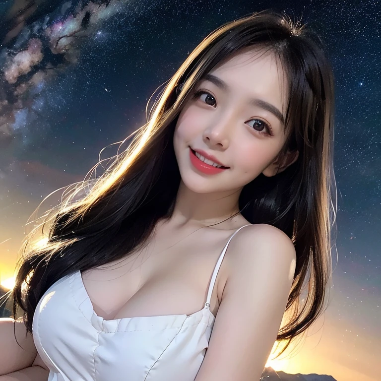 
highest quality, High resolution, (Realistic:1.2), 1 beautiful Japanese girl, Happy smile, High definition eyes, (Large eyes with thick, well-defined double eyelids:1.4), Droopy eyes, Dimples, Black Hair, Long hair blowing in the wind, Slender body, Small breasts, Cleavage, Thighs, White sleeveless dress, Moonless night sky, (Starry Sky, midnight:1.4), Milky Way, Outdoor, plateau, mountains can be seen in the distance, View angle from below, Cinematic lighting, 