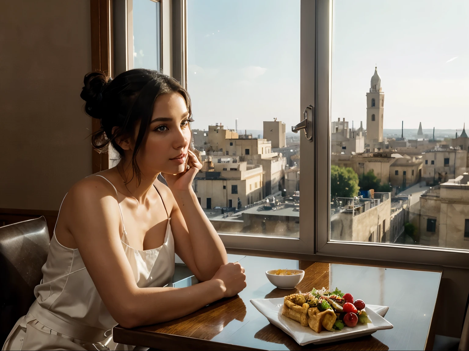 European woman, Ultrorealistic, 20 years old, in a restaurant, in the city of Matera, sitting in a chair and waiting for the waiter, with ponytail hairstyle and wearing, (Best quality,4k,8K,High resolution,masterpiece:1.2),Ultra-detailed,(realistic,photo-realistic,photo-realistic:1.37),Bright colors,Bokeh,Portraits,Black hair,Light skin,Bright blue eyes,Beautifully detailed lips,Elegant pose,Stylish and modern restaurant interior,Soft natural light,Silver cutlery on the table,Waffles on the table,Lots of food on the table,Waffles,Menu card on the table,Waiters in formal wear,Woman's table by the window overlooking the cityscape of Matera,Hint of sunlight pouring in the window,Creating a warm and cozy atmosphere. stones_of_matter in the background