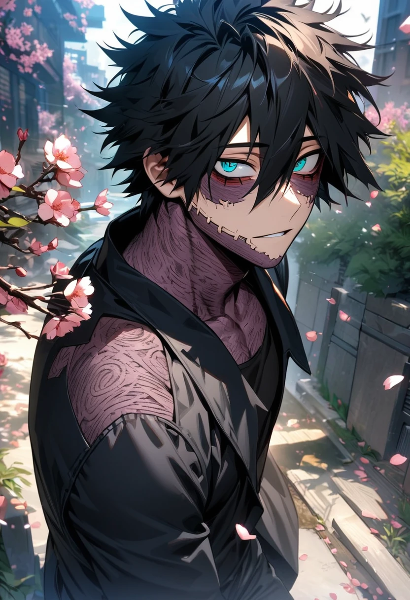 absurdres, highres, ultra detailed, HDR, masterpiece, extremely detailed face and eyes, Dabi, black hair spiked around his head, hair between the eyes, expressive turquoise eyes, boku no hero academia, solo, sexy man, handsome, black coat, black tight shirt, black pants, spring, blossoms, petals, birds
