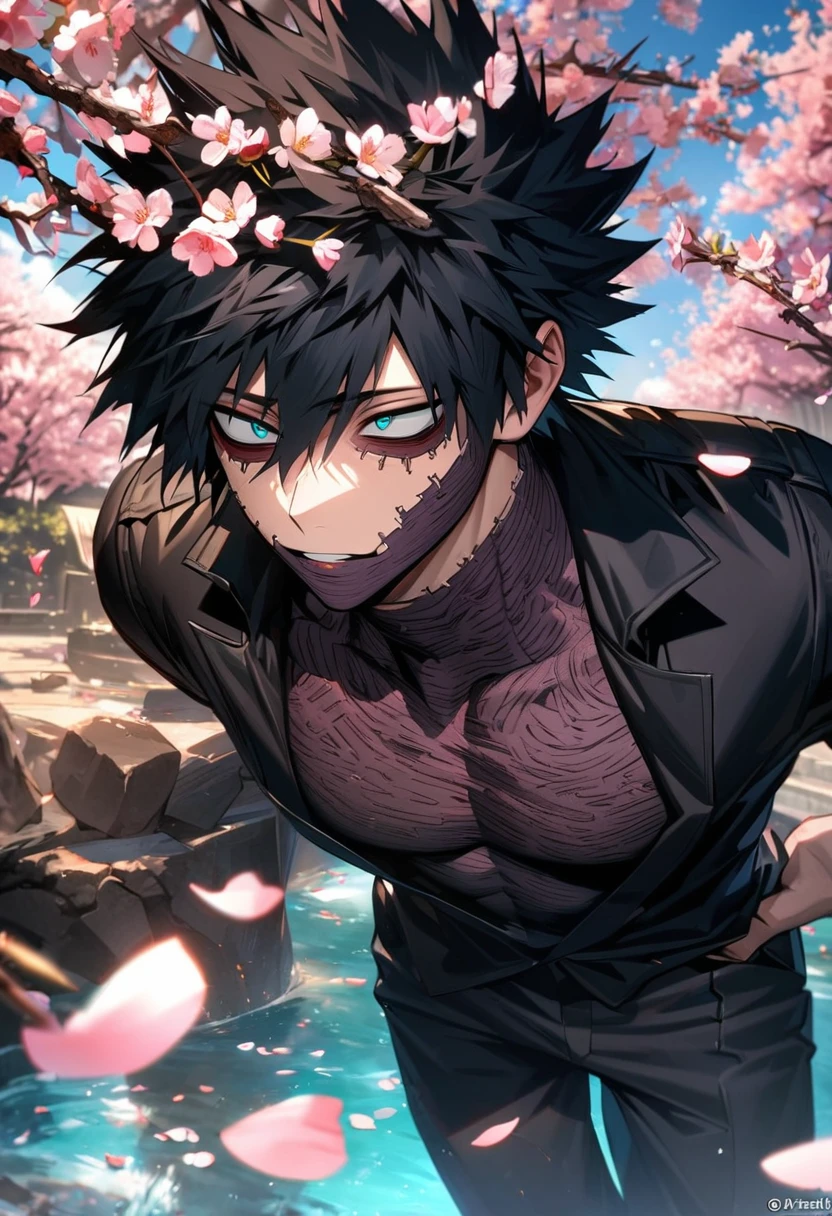 absurdres, highres, ultra detailed, HDR, masterpiece, extremely detailed face and eyes, Dabi, black hair spiked around his head, hair between the eyes, expressive turquoise eyes, boku no hero academia, solo, sexy man, handsome, black coat, black tight shirt, black pants, spring, blossoms, petals, birds