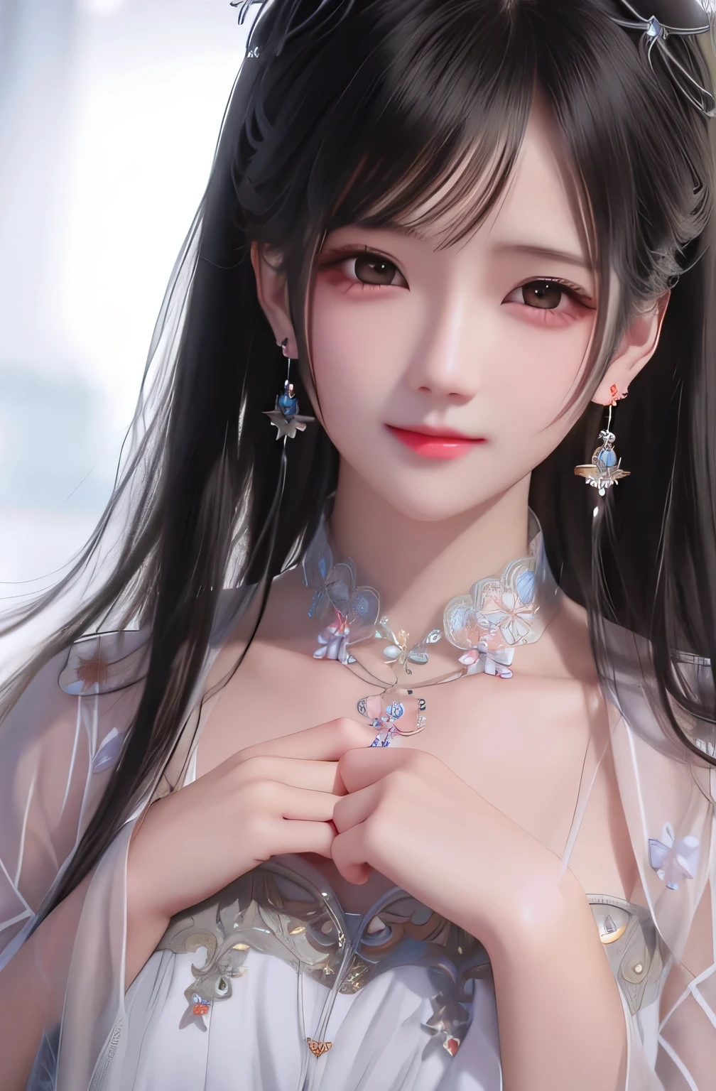 Anime girl with long black hair wearing a white dress and earrings., Guvis-style artwork, Guvis, smooth cg anime art, 8K high quality detailed artwork., [ digital art 4k ]!!, Digital art of elegance, beautiful anime pictures, realistic. Cheng Yi, In the art form of the pond, Made with Anime Painter Studio.
