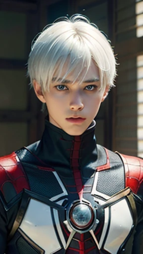 A white hair, japanese teenage boy, bang, Gojo Satorou hairstyle, blue eyes, 15 years, young, pale skin, slender body, wide chest, Ultra high res, uhd, (photorealistic:1.4), doll-like face, futuristic spiderman armor, plasma sword