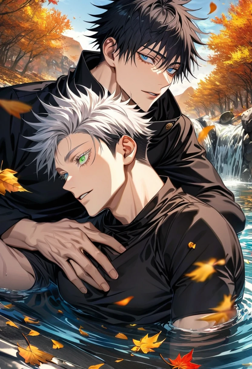 Ultra detailed, highres, absurdres, HDR, Fushiguro Megumi, black hair, green eyes, Gojo Satoru, white hair with bangs, blue eyes, white eyelashes, Jujutsu Kaisen, water, autumn, petals, orange and yellow leaves, 2 sexy man together, gay couple, extremely handsome, very detailed face and eyes, black shirt, black long coat, black pants, toned chest,
