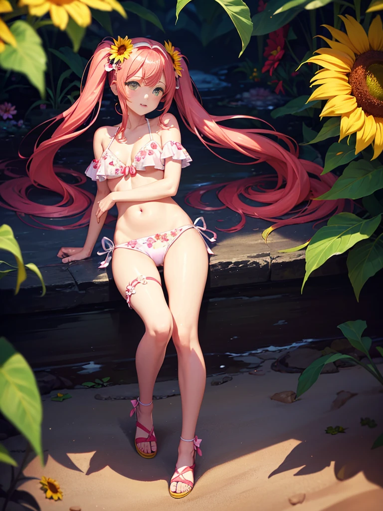 young girl, with long red hair, green eyes, wearing a pink bikini with white and yellow flower patterns, red hair tied in twintails yellow and red flower hair accessories, yellow sandals with sunflower decorations, 2 red and 1 white flower hair clips, 2 pink and white flower wristbands, Yellow sunflower sandals, The bikini top is a halter top with a pink and white floral pattern. The bottoms are pink with a white floral pattern and have a high-cut leg, small breasts, Beautiful feet, Beautiful breasts, at the beach, sensual pose