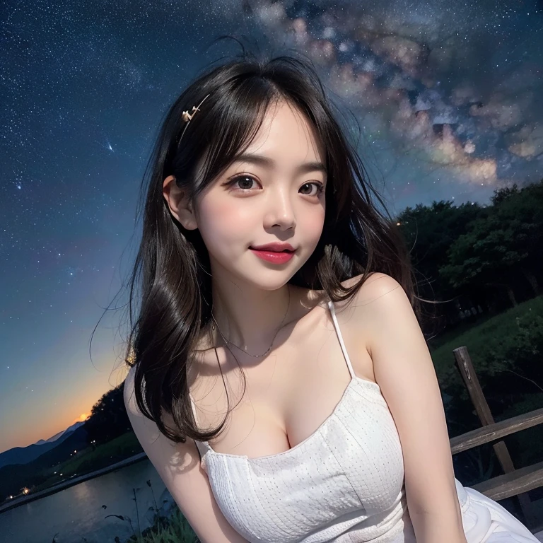 
highest quality, High resolution, (Realistic:1.2), 1 beautiful Japanese girl, Happy smile, High definition eyes, (Large eyes with thick, well-defined double eyelids:1.4), Droopy eyes, Dimples, Black Hair, Long hair blowing in the wind, Slender body, Small breasts, Cleavage, Thighs, White sleeveless dress, Moonless night sky, (Starry Sky, midnight:1.4), Milky Way, Outdoor, plateau, mountains can be seen in the distance, planetarium, View angle from below, Cinematic lighting, 