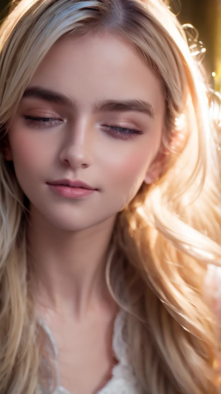 Authentic photo quality、cara muy linda、Extraordinaria belleza sexy、beautiful calm and bright expression、Aspecto refrescante y sexy.、Flequillo largo que cae sobre una cara linda y hermosa perfecta.、super long blonde hair, liso y sedoso que brilla intensamente.、hermoso rostro y cabello rubio、muy linda hermosa mujer joven sexy、Cara linda muy perfecta y hermosa.、Hermosos ojos azul cielo brillantes、ojos muy grandes、cabello dorado muy grande encima de un ojo、rubia entre los ojos、Piel blanca muy radiante、Teca Brillo、delineador de ojos、A small smile、piel brillante