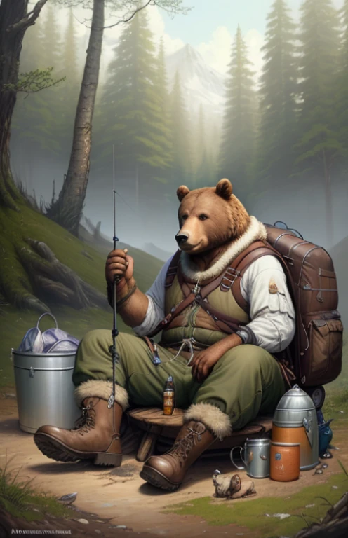 Hyper-detailed painting, Jean-Baptiste Monge style depicting a large brown Bear,  sitting around a campfire and tent in the woods, wearing adventurer clothes. He is holding a fishing pole over a large metal bucket, Dressed in fishing boots, Carries a canvas bag with fishing tackle, On a summer day, sitting at a campfire, jean - baptiste monge, anthropomorphic --ar 2:3, Greg Rutkowski 