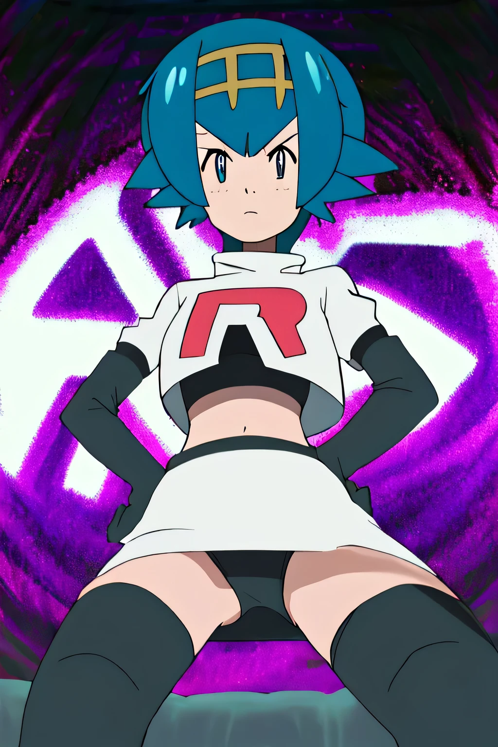 masterpiece,best quality,high res,high quality,8k, masterpiece,highres, team rocket uniform, red letter r, white skirt,white crop top,black thigh-high boots, black elbow gloves, glaring angrily, looking down at viewer, hands on hips, cowboy shot, zettai ryouiki,,from below, black panties,anie, vivid colors, sharp focus, intense lighting,pkmnLana