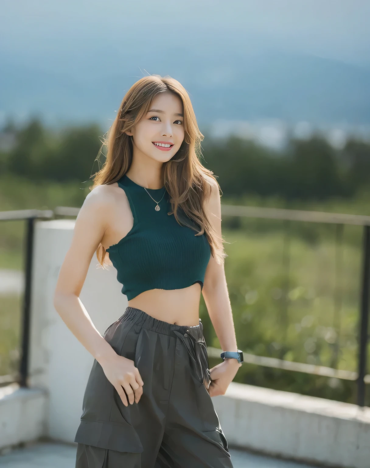 (on the table, best quality, Realistically, Ultra Detailed, meticulous, high resolution, 8k wallpaper), Close-up portrait of a beautiful woman, like, Smile, Light brown messy hair, Perfect dynamic composition, beautiful meticulous eyes, Just like the cover of a fashion magazine, On Campus
