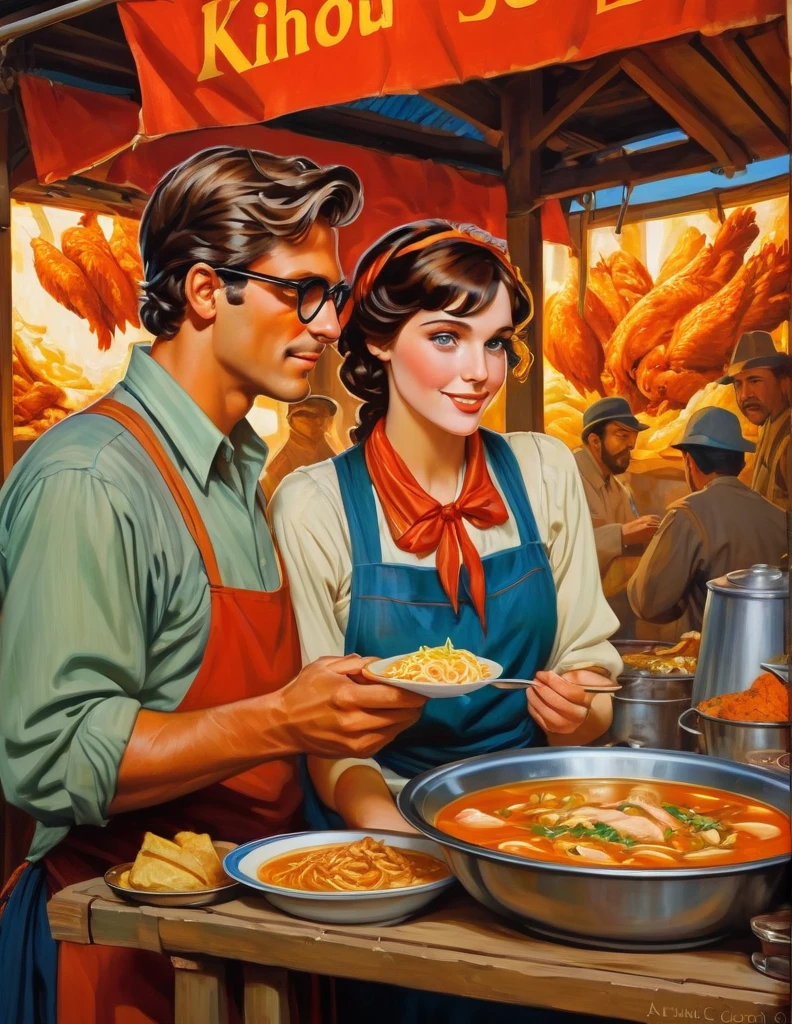 Clark Kent and Lois Lane at the street food stall in Xinjiang having a hot Chicken Soup happily, their eyes radiates love to each other, insanely detailed and intricate Xinjiang street food stall, photorealistic oil on canvas painting in Don Lawrence brush stroke style Alphonse Mucha Studio Ghibli