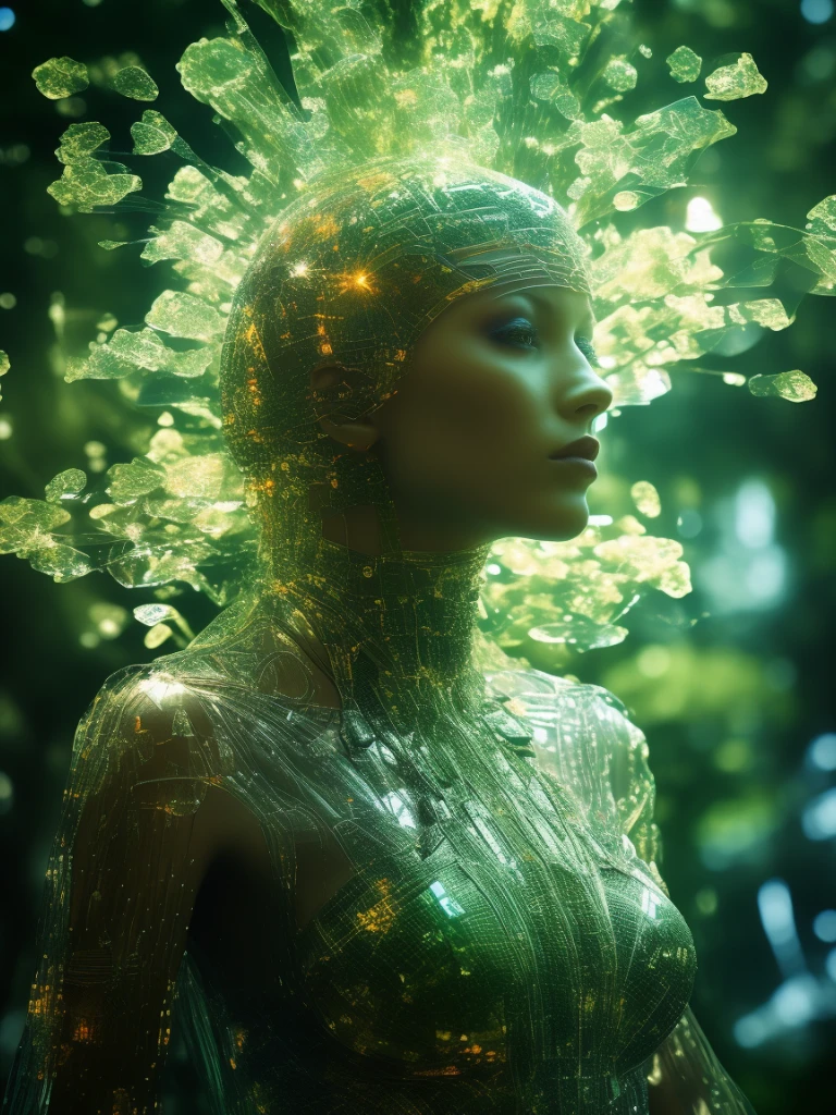 a statue carve from crystal glass, Aphrodite, beauty face, perfect anatomy, full body, (transparency 1.5) green-color luminescent, (upper tight, shot) low angle camera, (lower view 1.6) from below view