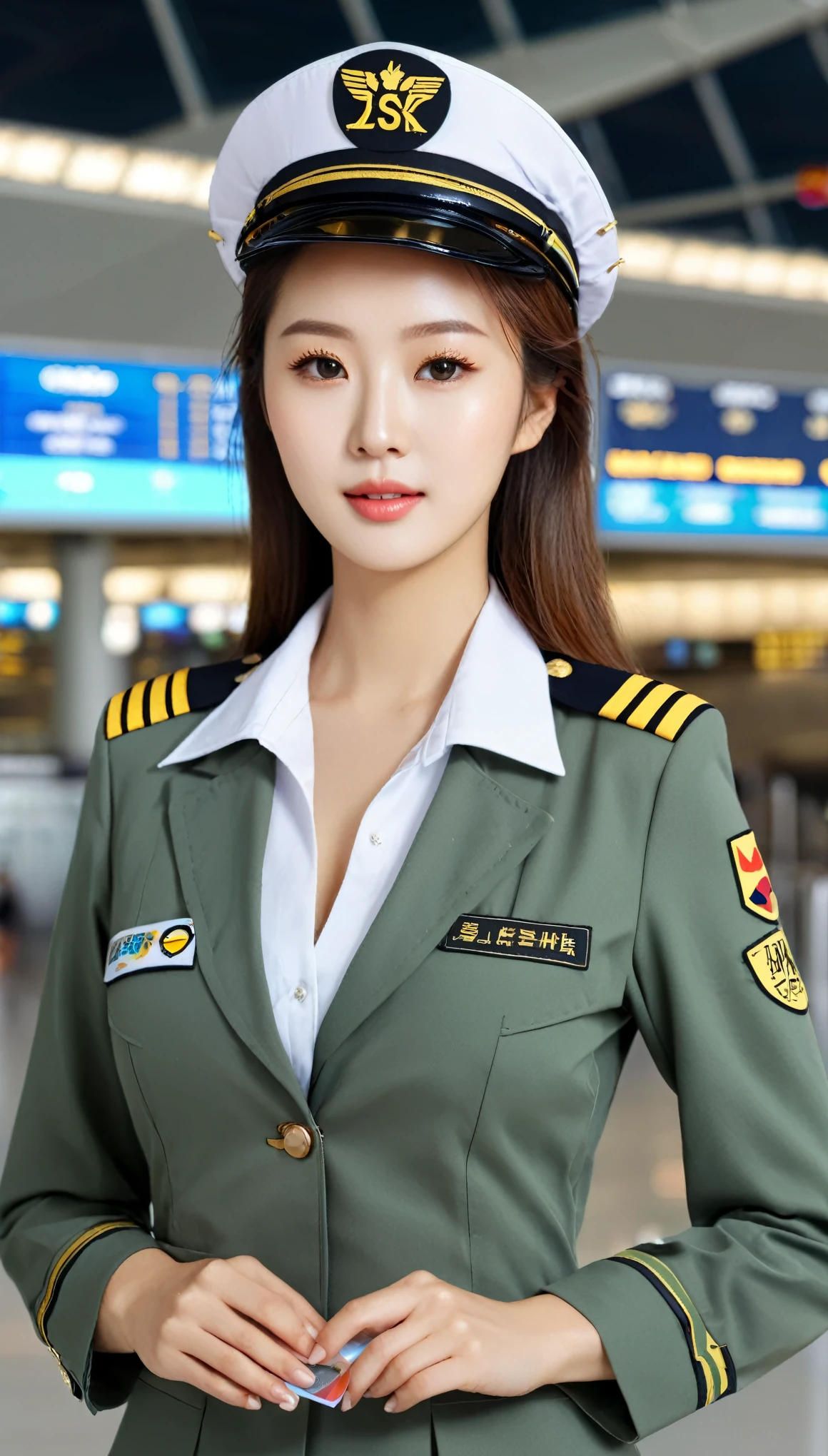 close-up of beautiful korean female, 34 inch breasts size, wearing pilot uniform, holding nane card, airport background, UHD
