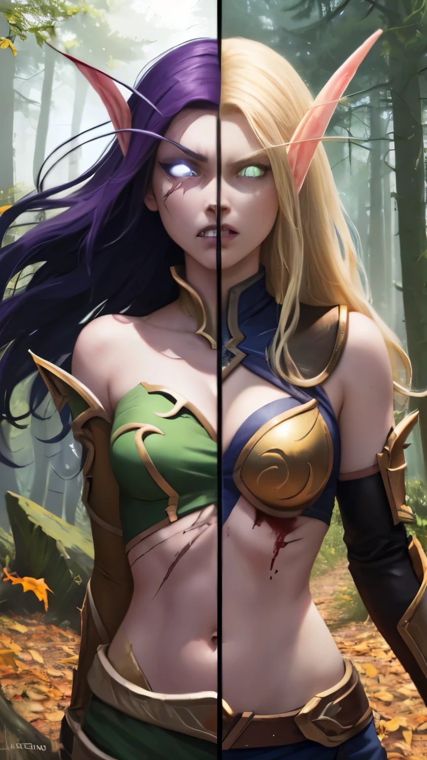(Masterpiece, highly detailed, highly quality,  highly resolutions), duality, split colored hairs, split colored eyes, split theme ((SplitScreen, split screen, BREAK nightelf, angry, clenched teeth, scars on face, glowing eyes, blue eyes, Purple Hair, colored skin, mature female, purple midriff, navel, purple shoulder pad, platinum trim, green leaves, looking at viewer, forest, night, bare shoulders, spring season), (SplitScreen, split screen, BREAK bldelf, angry, clenched teeth, blood strains on faces, glowing eyes, yellow eyes, Blonde hair, colored sclera, mature female, red short shirt, navel, red shoulder pad, gold trim, yellow leaves, looking at viewer, forest, day, bare shoulders, Fall season))