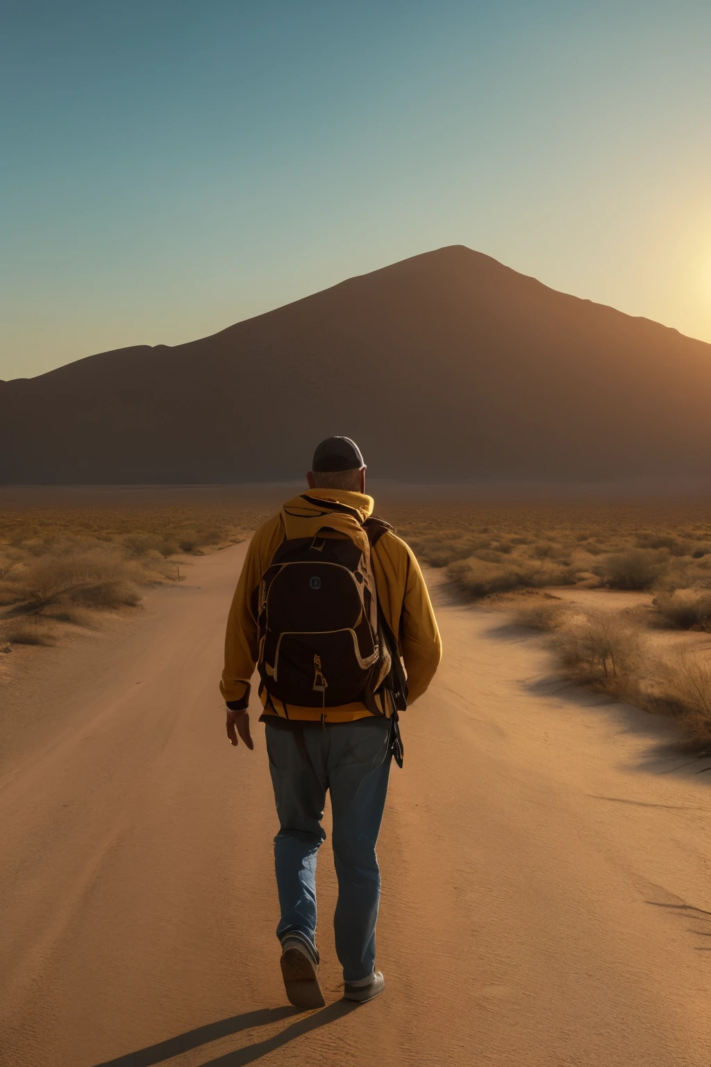 In this breathtakingly realistic wide angle photo with an aspect ratio of 4:3 and a size of 1000 pixels, a man can be seen making his way through the vast expanse of the Mojave Desert. The sun is setting, casting long shadows across the sandy terrain behind him. His yellow jacket is worn and dusty, and he carries a backpack filled with essentials for his journey. His determined expression and focused gaze reveal his unwavering determination to press on. The fine lines etched into his face and the creases in his clothing add to the photo's authenticity, making for a truly immersive and detailed depiction of this lone traveler's desert