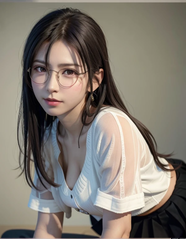 High-quality images, Tabletop, Detailed hair texture, Detailed skin texture, Detailed eyes,Detailed nose,Detailed mouth,Detailed cloth texture, 8k, Adding Fabric Details, Detailed skin texture, Ultra HD Photos, Skin pores,Professional Lighting,so beautiful,Perfect Body,(1woman, super long black hair,,extra large white shirt formal:1.5,very short pleats skirt,black glasses,choker,large earrings,bangle,Dewy finish makeup,all fours),angle from front,
