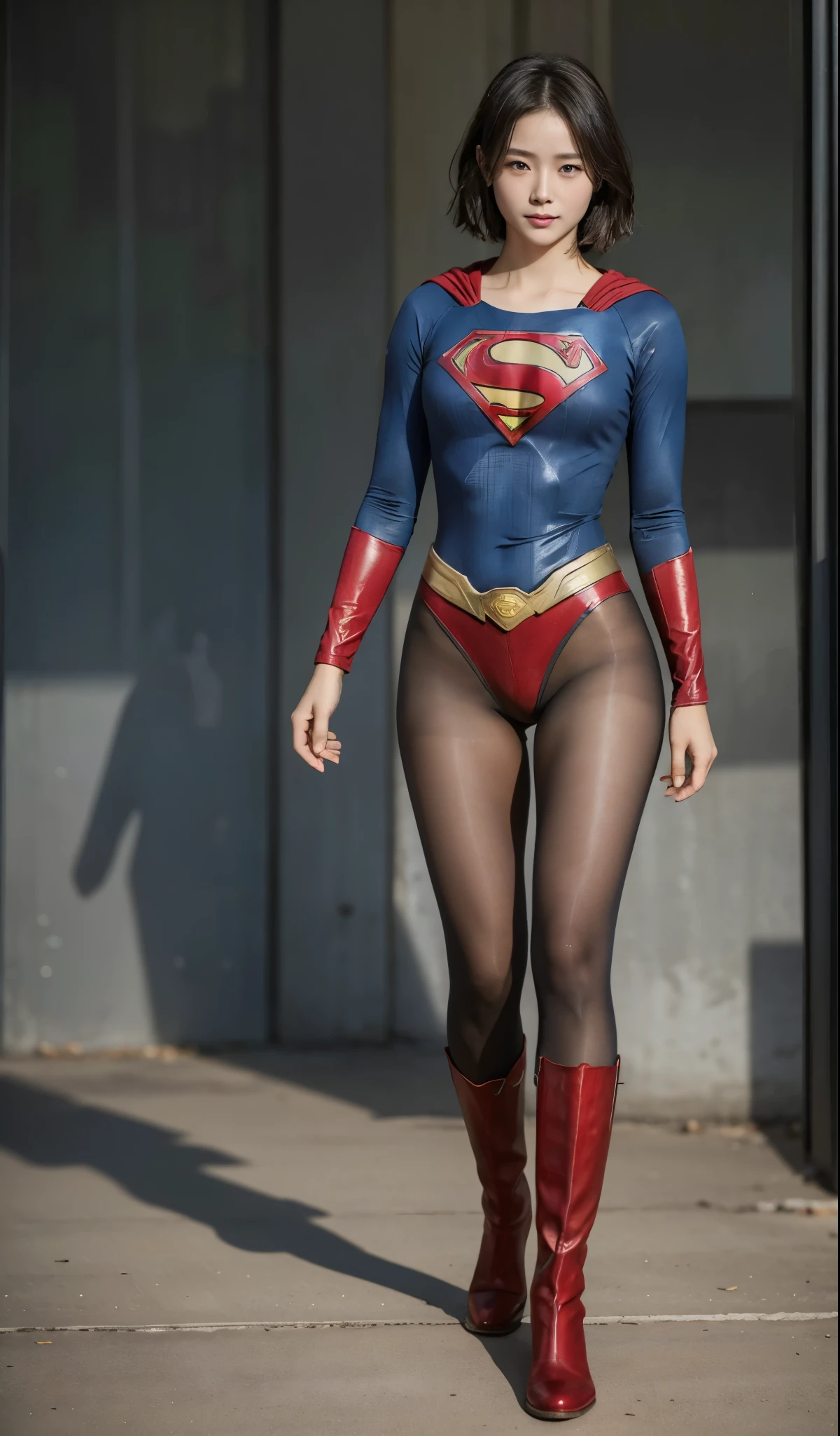 No background、(((Beautiful legs in black tights.)))、(((Legally express the beauty of your smile)))、((((Make the most of your original images)))、(((Supergirl Costume)))、(((beautiful short bob hair)))、(((suffering)))、(((Please wear black tights....、Wear red boots)))、((Best image quality、8K))、((highest quality、8K、masterpiece:1.3))、(((keep background )))、Sharp focus:1.2、Beautiful woman with perfect figure:1.4、Thin abdominal muscles:1.2、Wet body:1.5、Highly detailed face and skin texture、8K