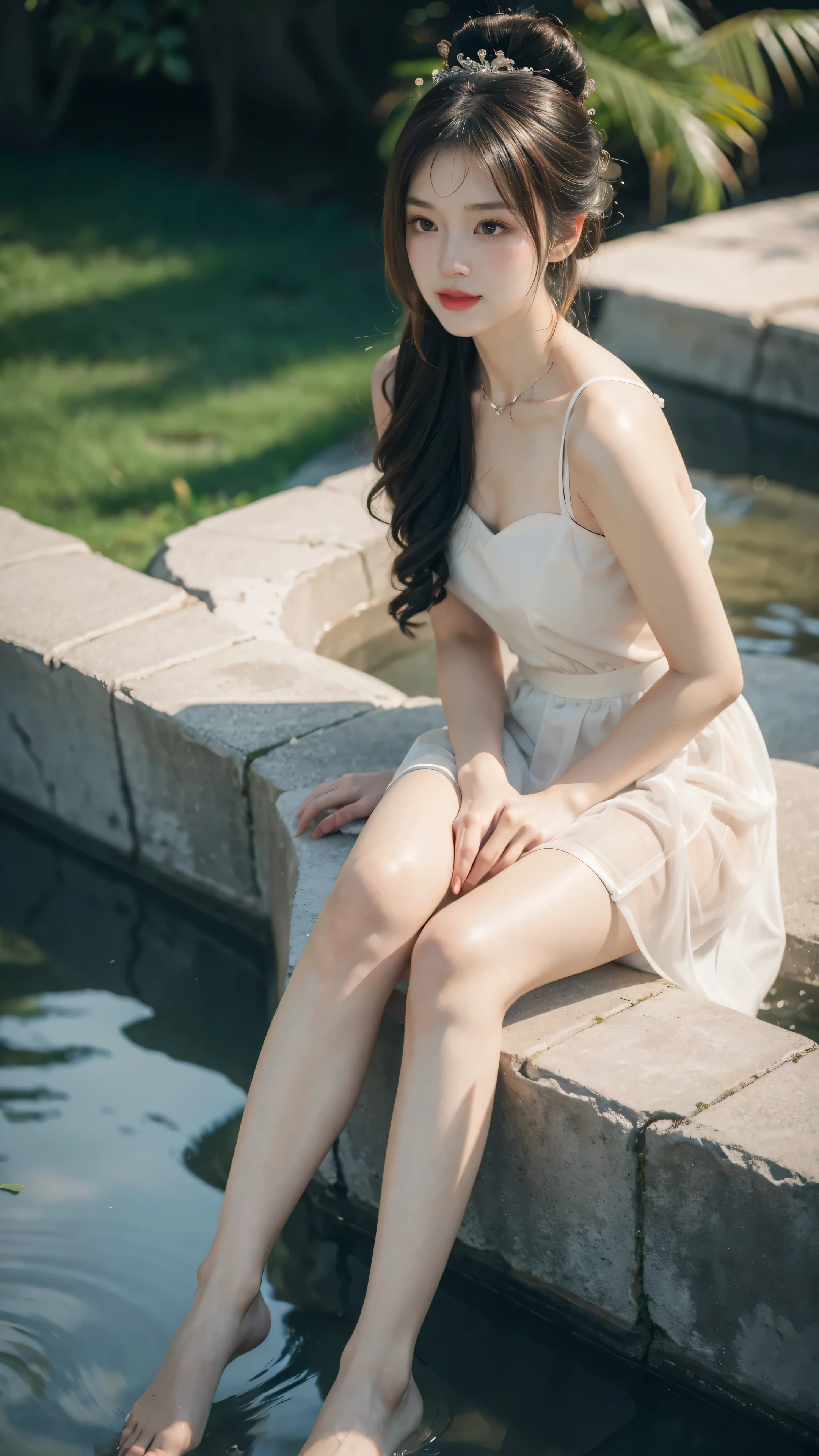 2girls,hand and foot details with realistic details,realistic face,makeup,short dress,(full body:1.2),long legs,leg details,hot spring,wet,traditional Chinese clothing:1.1),headpiece(best quality,4k,8k,highres,masterpiece:1.2),ultra-detailed,(realistic,photorealistic,photo-realistic:1.37),medium:oil painting,beautiful flowing,gradient colors girl with zongzi colored hair,long flowing hair with intricate details,gorgeously crafted hair accessories and bobby pins (best hair accessories,hairpins),delicate bracelets and anklets,stylish and elegant collar,attractive and translucent skirt,fitted bustier dress,vibrant and eye-catching color tones with a gradient effect,radiant lighting that highlights the girl's features,subtle shadows that add depth to the painting