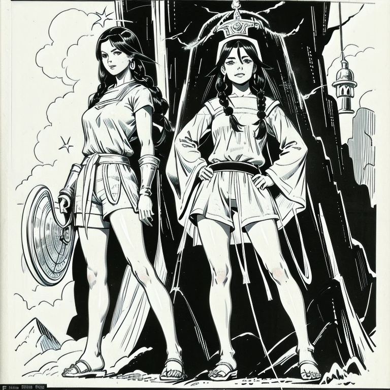 Garota elfa . fantasia monge aventureiro, cara de sorriso brutal, fleshy lips, long black hair styled with butterfly braid, hazel eyes, athletic figure, white priestess tunic, shorts de lombo branco, sandals, retrato detalhado, templo da selva, standing pose