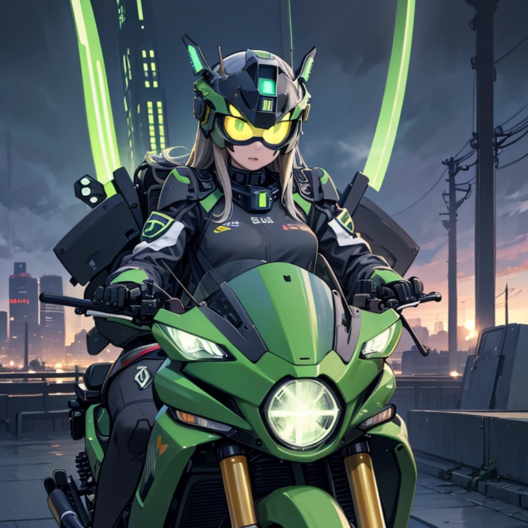 Best image quality, Excellent details, Ultra-high resolution, (realism: 1.4), Best illustrations, Favorite Details, Very condensed one girl, Delicate and beautiful features, Wearing a black and green mech, Wearing a mecha helmet, Hold the directional controller, Riding on motorcycle, The background is a futuristic city high tech lighting scene.