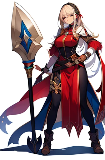 (((Best Quality))) , ((full body)), female, high fantasy cloth, solo, (white background), holding axe, stand posture, vivid color,