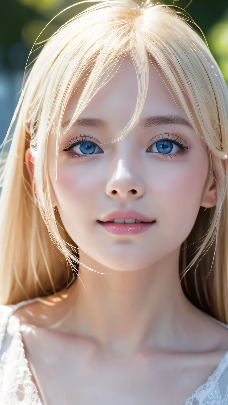 Mastepiece, Best Quality, Illustration, Super detailed, Fine details, High resolution, 8K Denden Wallpaper, Perfect dynamic composition, Beautiful detailed bright sparkling pale sky blue eyes, Women's Fashion Summer,Super long platinum blonde hair、Bangs between the eyes、,Big Breasts、Natural color lip, Bold sexy pose,A shy smile,Cute、20 year old girl、Small Face Girl、Sexy shot looking at the camera、Cheek highlighter