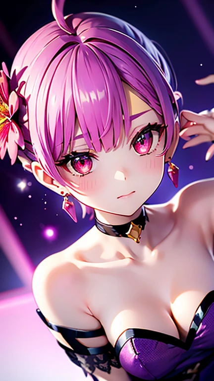 (Tabletop, highest quality),Pink starry background,Purple choker,Red eyes,flower,Blue Mesh Dress,just_shoulder,clavicle,Earrings,jewelry,(flower,fire),hair behind the ear,
Depth,4K,Absurd,(From above),Dynamic Angle,