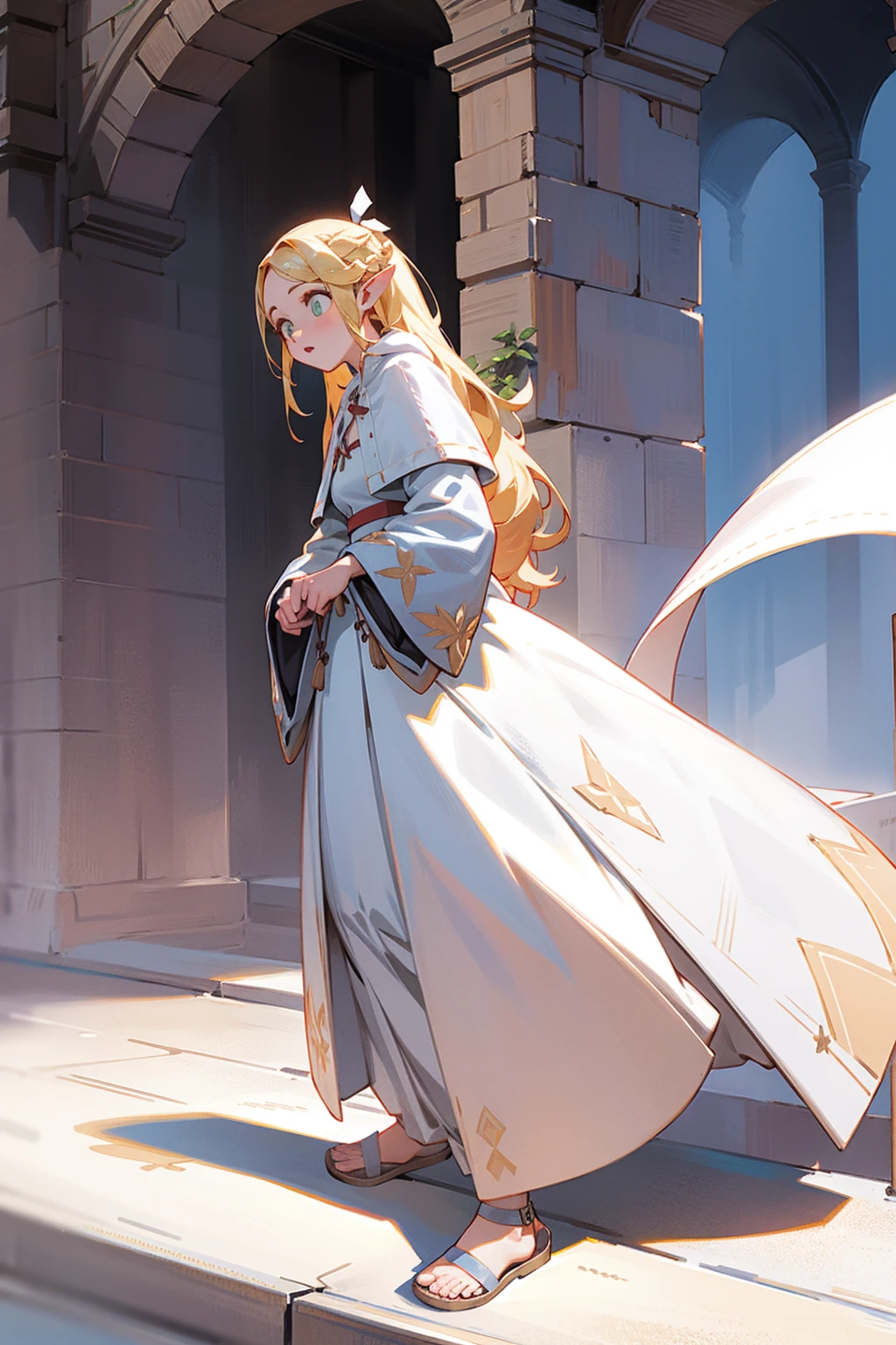 high detail, whole body, long dress,white pant, sandals, dinamic poses