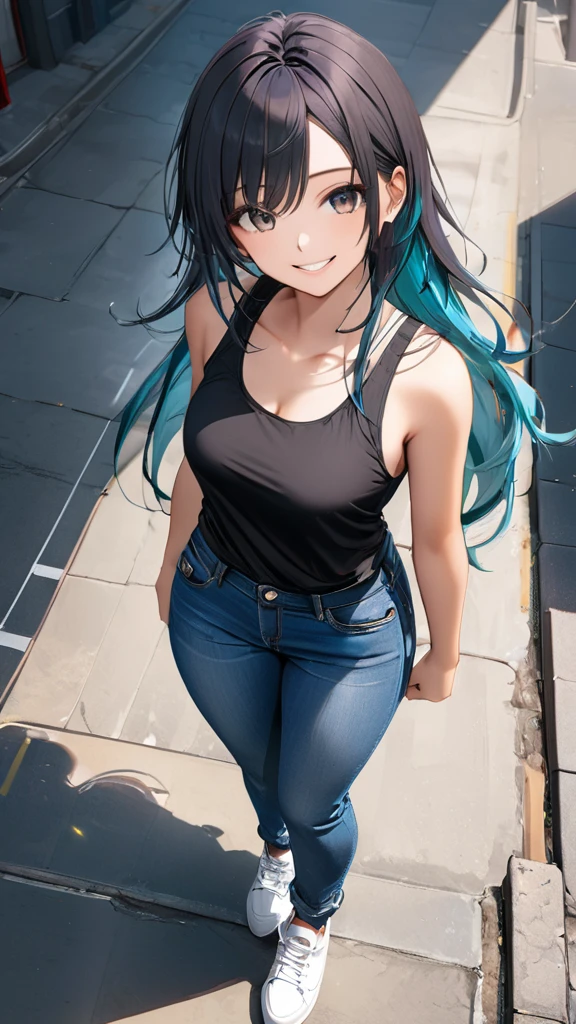 (full body:1.4), from above, (masterpiece:1.3)), (best quality:1.3),(ultra detailed:1.4),(extremely detailed),(absolutely resolution:1.3) ,absurdres,8k, 1girl, grin, ultra detailed eyes, long hair, multicolored hair, tanktops, jeans,