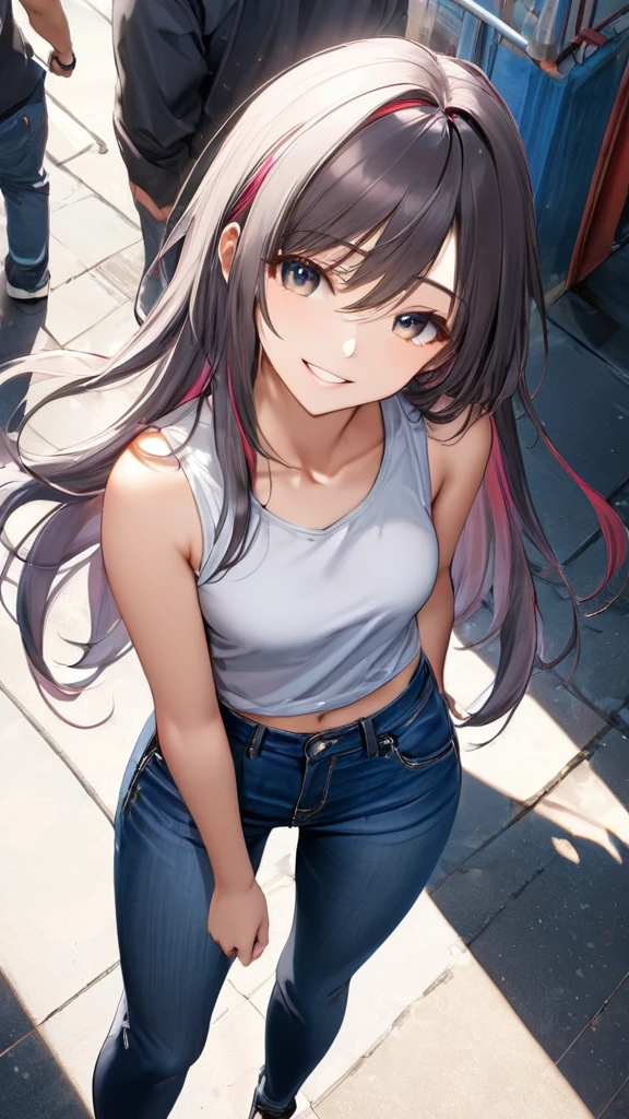 (8K、Highest image quality、best quality、masterpiece)、Detailed face、((one ))、eye fence、black hair、short twintails、gray eyes、smile、((Grinning))、small breasts、((pink camisole))、((Denim Pencil Miniskirt))、Cowboy shooting、Underwear store background，beautiful breasts、huge breasts:1.4，beautiful breasts、huge breasts:1.4