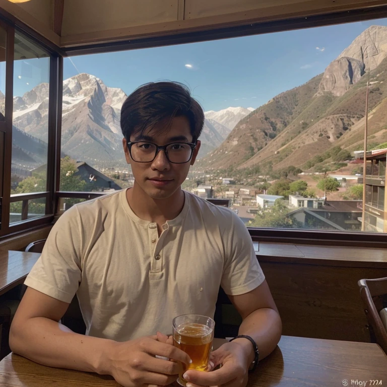 Photo of glasses 173cm college Thai guy with crescent of Arabic, honey skin, two block fade haircut, has clear vein on their arm, with mountain vibes in the café that is on the top of the mountain, wearing old money style. capture the picture with Sony alpha A6400 with good resolution with 2 Pm sunlight in Los Angeles