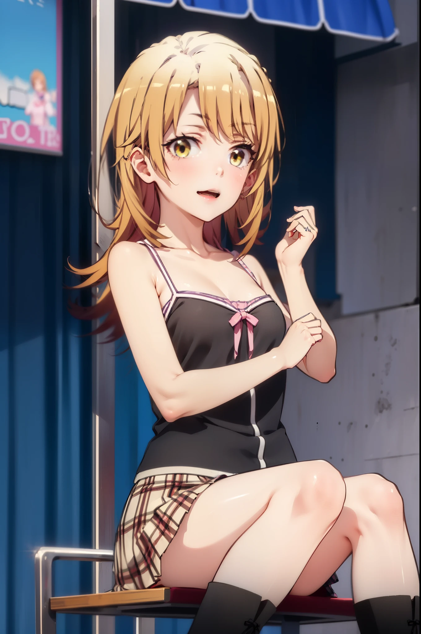 1girl, solo, detailed face, , , long hair,,,outdoor,standing,looking viewer,side ponytail,small breasts,,(((,gyaru))),nsfw,,thighhighs,arms behind back,cowboy shot,grin,earring,camisole,miniskirt,socks
