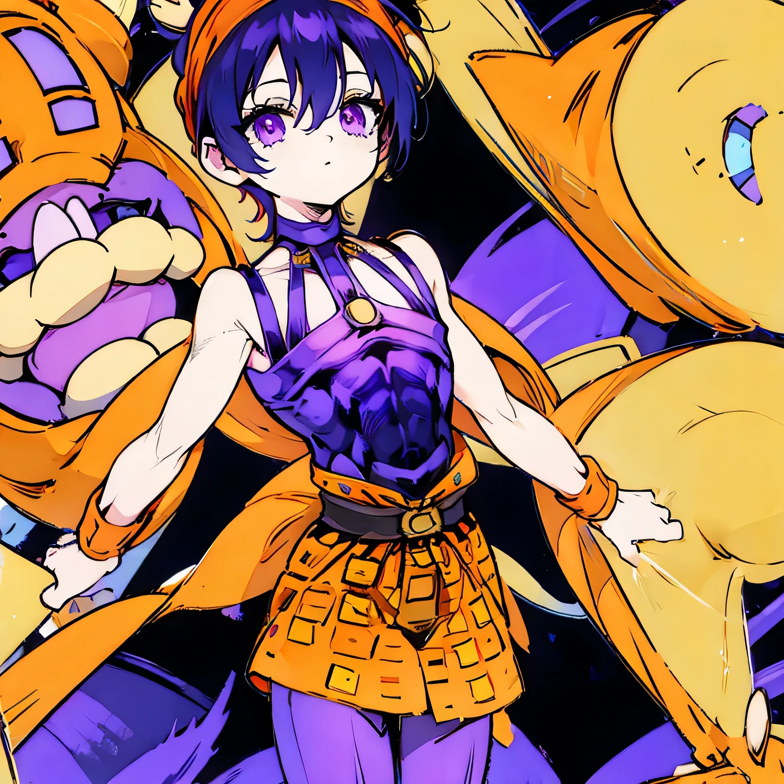 Anatomically correct、boy、Slim body、Narancha、Purple Eyes、orange,short hair,iris,Black Hair,A light smile, choker,Wristband,head band,belt,,Wristband,Under the pants,Long orange plaid sarong, (masterpiece:1.2),(highest quality:1.2),pixiv