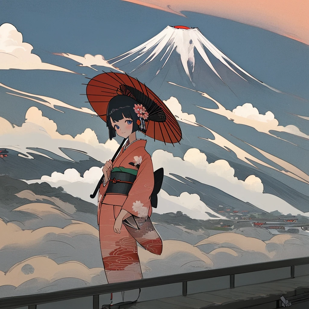 Girl wearing a kimono holding an umbrella with Mount Fuji
