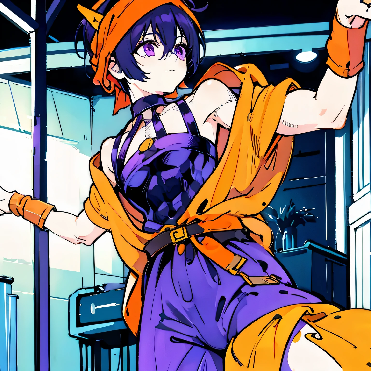 Narancha、Purple Eyes、orange,short hair,iris,Black Hair,A light smile, choker,Wristband,head band,belt,,Wristband,Under the pants,Long orange plaid sarong,   (masterpiece:1.2),(highest quality:1.2),pixiv