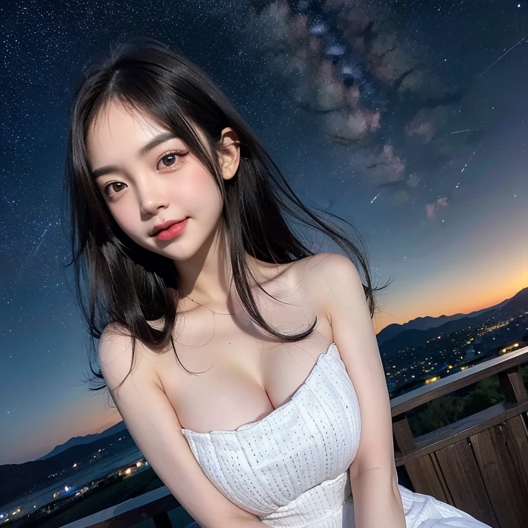 
highest quality, High resolution, (Realistic:1.2), 1 beautiful Japanese girl, Happy smile, High definition eyes, (Large eyes with thick, well-defined double eyelids:1.4), Droopy eyes, Dimples, Black Hair, Long hair blowing in the wind, Smooth straight hair, Slender body, Small breasts, Cleavage, Thighs, White sleeveless dress, Moonless night sky, (Starry Sky, midnight:1.4), Milky Way, Outdoor, plateau, mountains can be seen in the distance, planetarium, View angle from below, Cinematic lighting, 