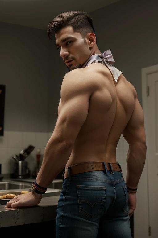 (BDBUNNY, bow tie, wristbands), Bulto, (de pie, tiro de vaquero, muscular male, barba, piel blanca, pale skin, oscuridad), (solo male, bara, maduro, cabello corto, rastrojo), elegante, solo male, enfoque masculino, cinematic lighting, realista, full body, jeans backside