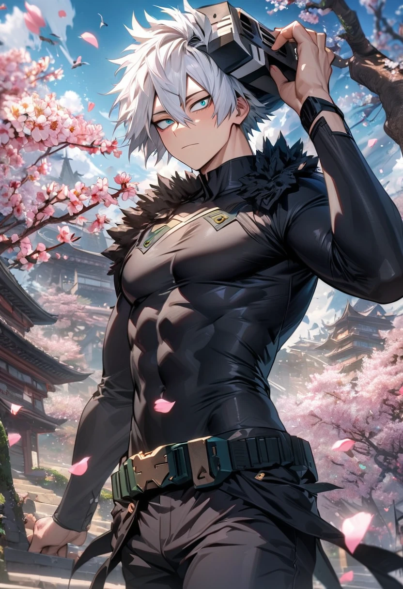 absurdres, highres, ultra detailed, HDR, masterpiece, extremely detailed face and eyes, Todoroki Toya, white hair spiked around his head, hair between the eyes, expressive turquoise eyes, boku no hero academia, solo, sexy man, handsome, black coat, black tight shirt, black pants, spring, blossoms, petals, birds